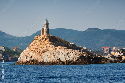 View of Scoglietto Island and lighthouse, in front of Portoferraio, Elba Island Coast, Italy.
