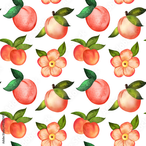 Illustration digital watercolor seamless pattern of peach and flowers