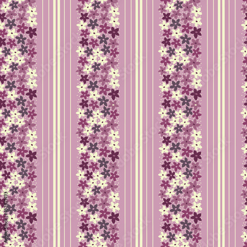 Pink, Yellow and Purple Flowers, Spots and Stripes Geometric Seamless Repeat Pattern