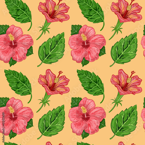 illustration of a seamless pattern of hibiscus plants flowers and leaves of a plant on a background