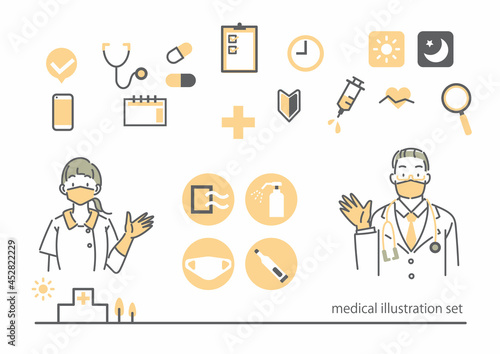 医療スタッフとメディカルアイコンセット　シンプルでお洒落な線画イラスト