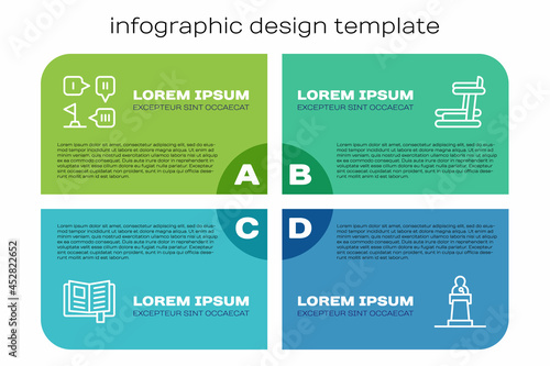 Set line Reading book, Planning strategy, Speaker and Treadmill machine. Business infographic template. Vector