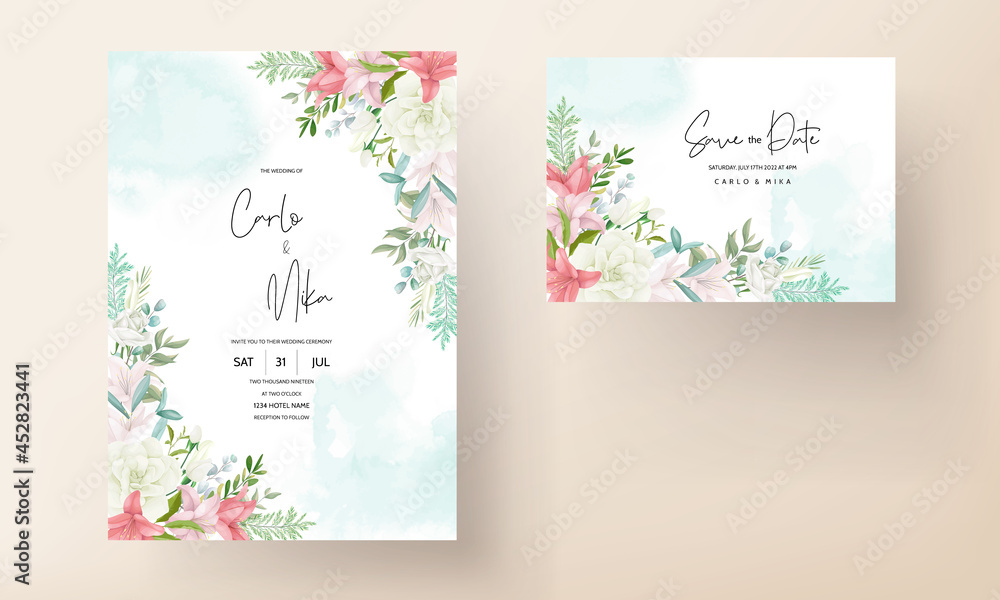 elegant wedding invitation card with hand drawing soft flower and leaves