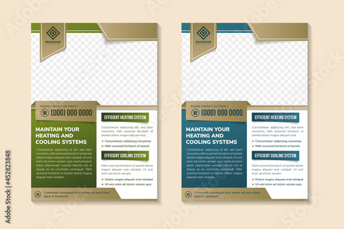Maintain heating and cooling systems flyer design template use vertical layout. Rectangle space for photo collage. Green and blue color of element variation which can be selected. white background.