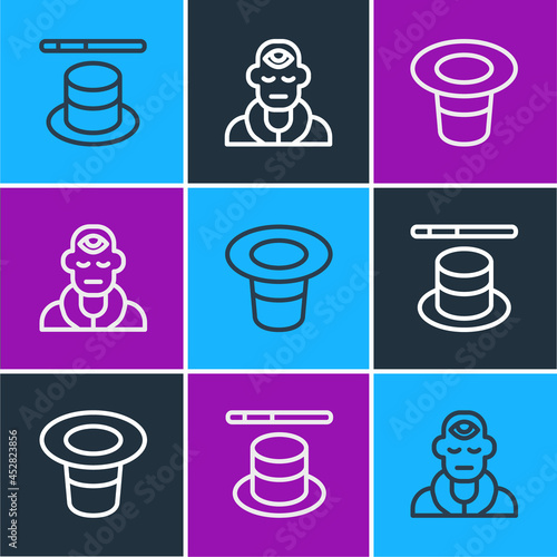 Set line Magic hat and wand, and Wizard warlock icon. Vector
