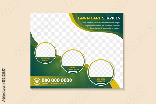 Gardening lawn care service social media post template. Lawn care service with horizontal banner. green and yellow background flyer with space of photo collage.