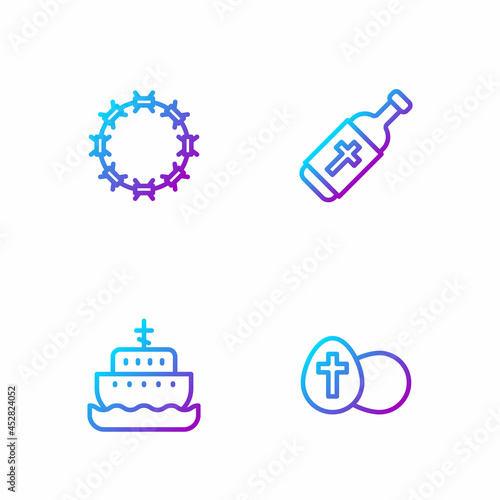 Set line Easter egg, Ark of noah, Crown thorns and Holy water bottle. Gradient color icons. Vector