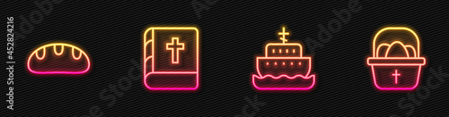 Set line Ark of noah, Bread loaf, Holy bible book and Basket with easter eggs. Glowing neon icon. Vector