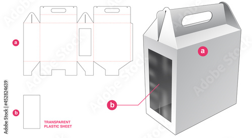 Cardboard handle box and window with transparent plastic sheet die cut template