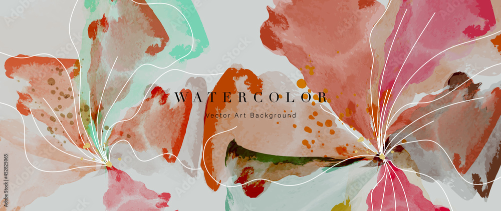 Obraz Flower watercolor art background vector. Wallpaper design with floral paint brush line art. leaves and flowers nature design for cover, wall art, invitation, fabric, poster, canvas print.