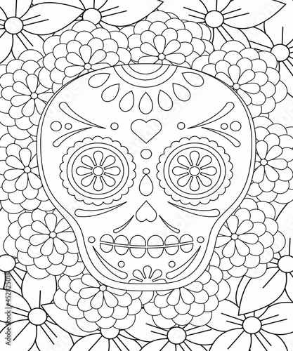 Sugar Skull flowers for Halloween or Day of the dead with flower elements. Hand drawn. Doodles art for greeting cards, invitation or poster. Coloring book for adult and kids.