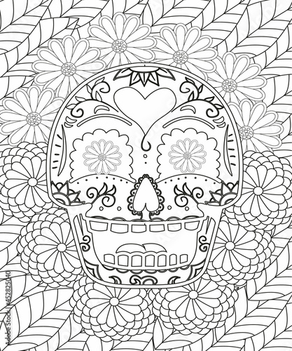 Sugar Skull flowers for Halloween or Day of the dead with flower elements. Hand drawn. Doodles art for greeting cards, invitation or poster. Coloring book for adult and kids.