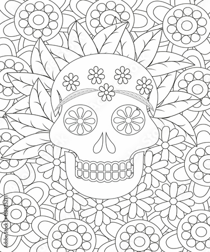 Sugar Skull flowers for Halloween or Day of the dead with flower elements. Hand drawn. Doodles art for greeting cards, invitation or poster. Coloring book for adult and kids.