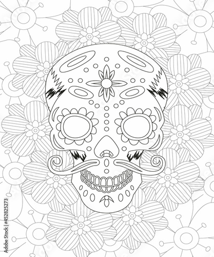 Sugar Skull flowers for Halloween or Day of the dead with flower elements. Hand drawn. Doodles art for greeting cards, invitation or poster. Coloring book for adult and kids.