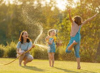 Happy family playing in backyard
