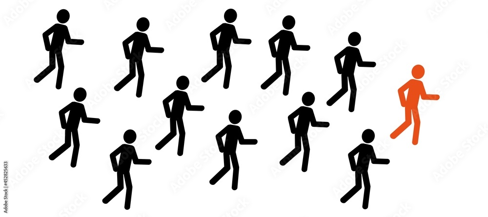 the man in red shows the direction of movement, a crowd of people is running in one direction, sports, pictogram, winner, way out of the current situation