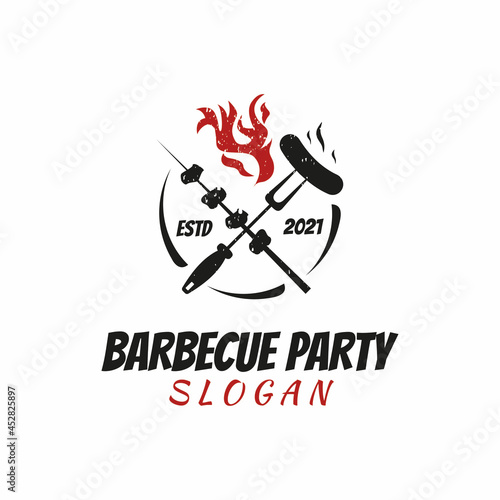 Barbecue party retro vintage logo, skewer cross with fork logo design