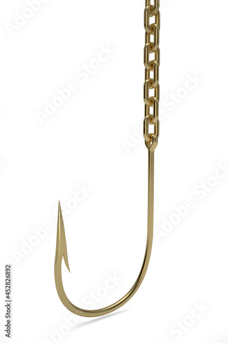 Gold hook on white background 3D illustration.
