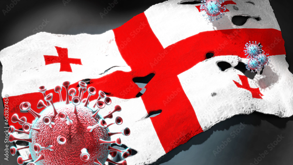Fototapeta premium Covid in Georgia - coronavirus attacking a national flag of Georgia as a symbol of a fight and struggle with the virus pandemic in this country, 3d illustration