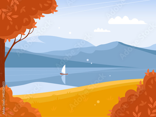 Beautiful bright autumn landscape. Mountains and water. Blue sky with white clouds. Azure mirror water surface of lake, river sailboat. Vector Illustration for background, website, posters, postcards