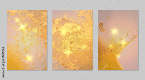 Set of abstract yellow, pink and gold backgrounds with marble texture and shining glitter. Vector stone surface in alcohol ink technique. Fluid art illustration for poster, flyer, brochure design.