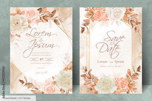 Elegant Geometric Frame Wedding Invitation Template with Hand drawn Watercolor Flower and Eucalyptus
