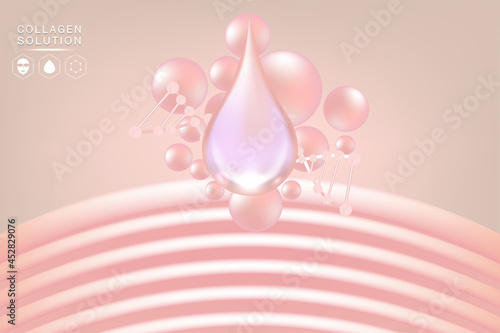 Hyaluronic acid skin solutions ad, pink collagen serum drop with cosmetic advertising background ready to use, illustration vector. 