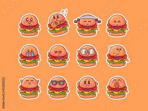 Cute and Kawaii Burger Character Sticker Illustration Set With Various Activity and Happy Expression for mascot badge