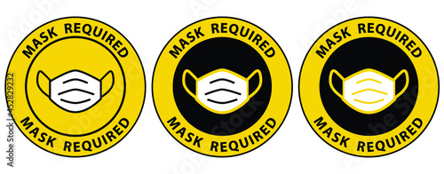 Social distancing concept for preventing coronavirus covid-19 with set of mask required sign in black color on yellow background. warning or caution sign. 