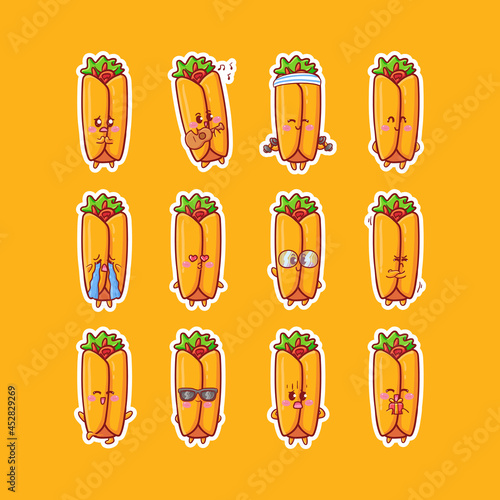 Cute and Kawaii Burrito Character Sticker Illustration Set With Various Activity and Happy Expression for mascot badge
