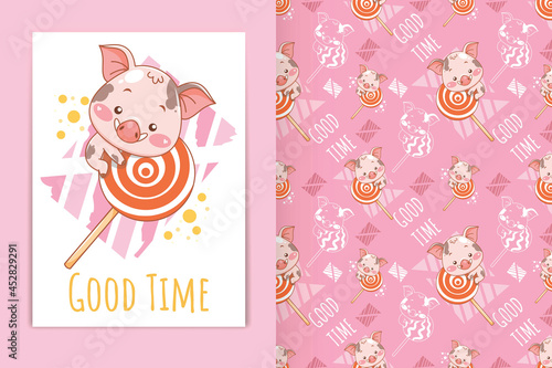 cute baby pig with lollipop cartoon illustration and seamless pattern set © guloabang