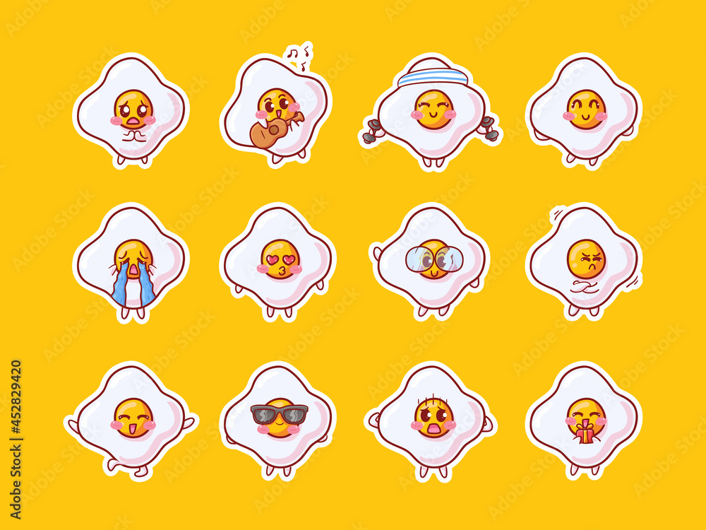 Cute and Kawaii Sunny Side Up Egg Character Sticker Illustration Set With Various Activity and Happy Expression for mascot badge Cute and Kawaii Sunny Side Up Egg Character Sticker Illustration Set With Various Activity and Happy Expression for mascot badge