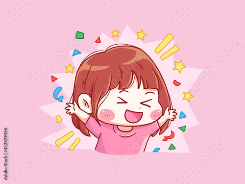 Cute and kawaii Excited Girl With Happy Hooray expression manga chibi Illustration