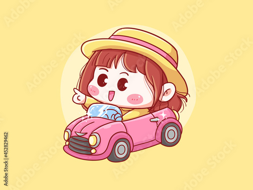 Cute and kawaii Girl With Straw Hat Drive convertible car manga chibi Illustration