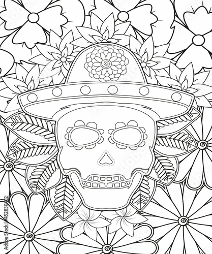 Sugar Skull flowers for Halloween or Day of the dead with flower elements. Hand drawn. Doodles art for greeting cards, invitation or poster. Coloring book for adult and kids.