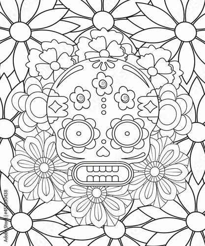 Sugar Skull flowers for Halloween or Day of the dead with flower elements. Hand drawn. Doodles art for greeting cards, invitation or poster. Coloring book for adult and kids.