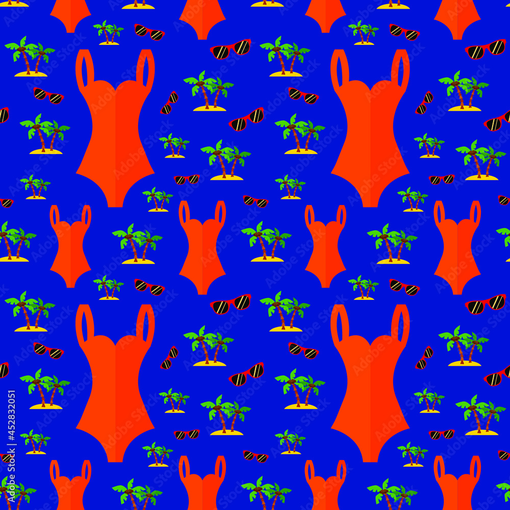 Orange swimsuit and palms on a blue background, texture for design, seamless pattern, vector illustration Orange swimsuit and palms on a blue background, texture for design, seamless pattern, vector illustration