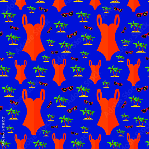 Orange swimsuit and palms on a blue background, texture for design, seamless pattern, vector illustration