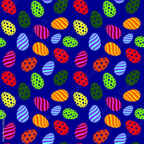 Multicolored Easter eggs on a blue background, texture for design, seamless pattern, vector illustration