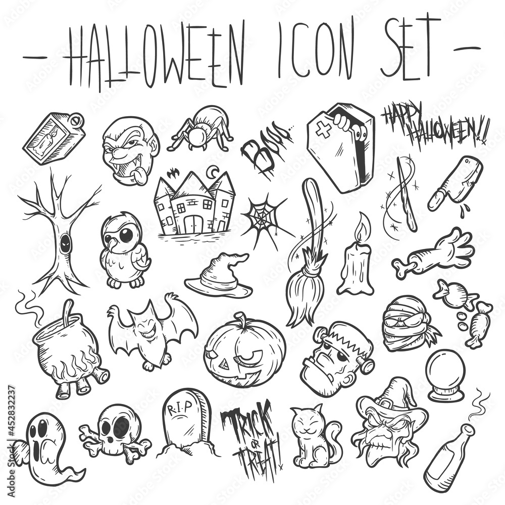 Cute Halloween doodles, trick or treat, black and white