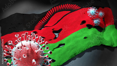 Covid in Malawi - coronavirus attacking a national flag of Malawi as a symbol of a fight and struggle with the virus pandemic in this country, 3d illustration photo