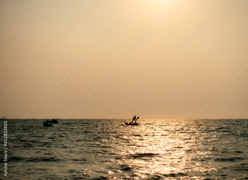 Fototapeta premium Panoramic view of sunset golden and blue sky nature background.