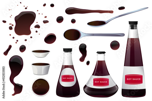 Soy asian sushi sauce in bowl, glass bottles and spoon with sauce puddles . Realistic elements for food icon and design