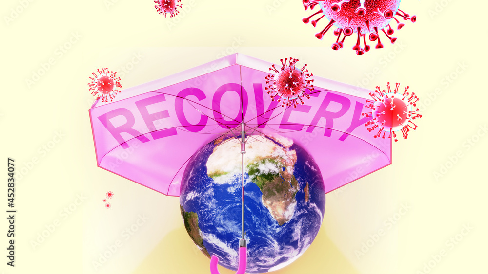 Obraz premium Covid recovery, protection of the Earth from corona virus shown as a shielding umbrella around the planet that guards and defends from attacking virus pandemic., 3d illustration