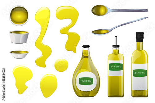 Olive oil glass bottle, stain, spoon and bowl set in cartoon style.