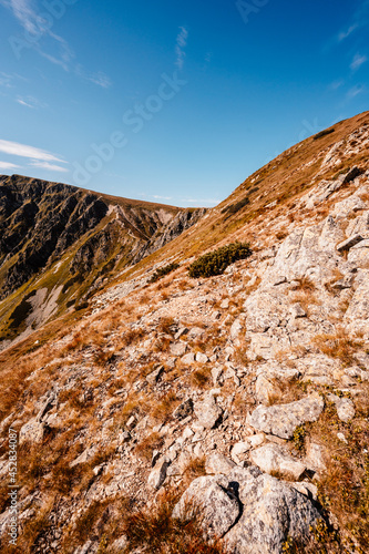 Hiking to salatin and brestova peak from zuberec. Western Tatras mountains, Rohace Slovakia. Hiker with backpack rises to the mountains. Slovakia mountains landscape. photo