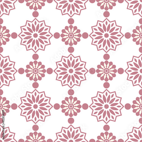 Floral seamless background. Geometric ornament from flowers. Graphic modern pattern in pink tones on a white background.