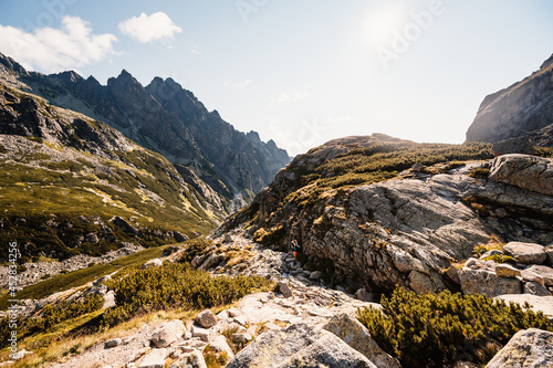 Hiking the Great Cold Valley/ velka studena dolina/ to Zbojnicka cottage and teryho cottage through priecne saddle. High Tatras National park , Slovakia. photo