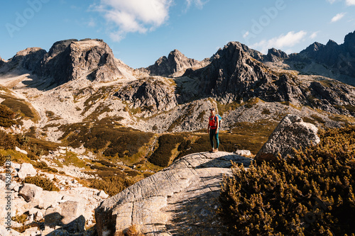 Hiking the Great Cold Valley/ velka studena dolina/ to Zbojnicka cottage and teryho cottage through priecne saddle. High Tatras National park , Slovakia. photo