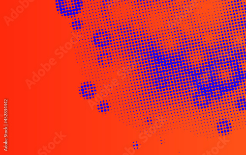 Splashed of abstract graphic digital dotted elements. purple splashed circular shapes on orange background. Base graphic design, vectorial cover.